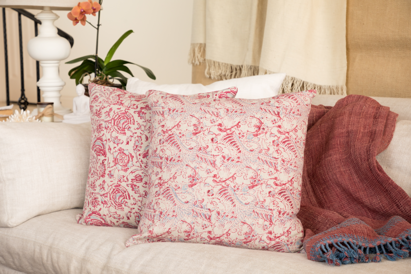 Crane Vintage Red and Blue Pillow Cover