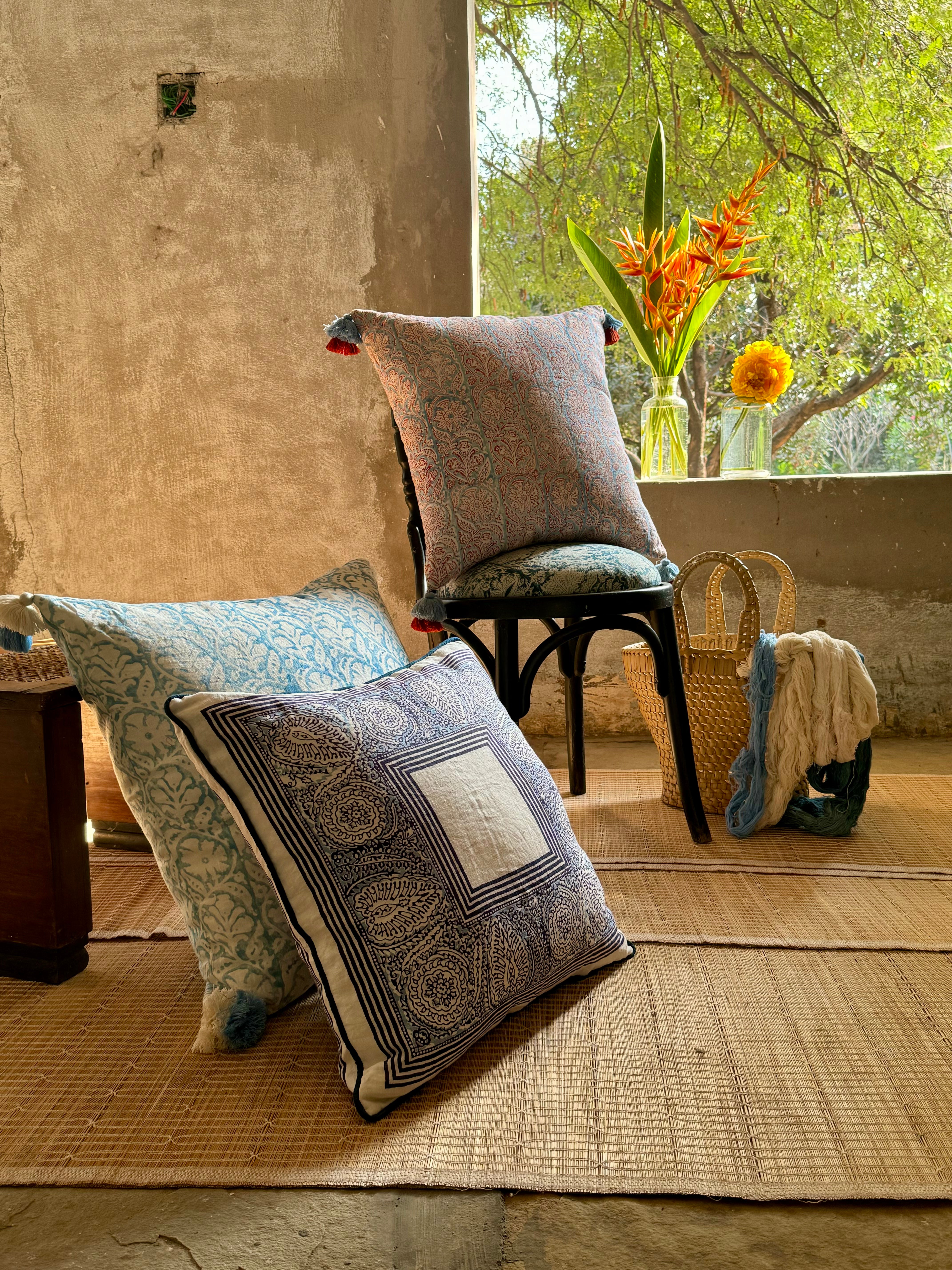 Madurai Cornflower Blue/Brick Red Pillow Cover