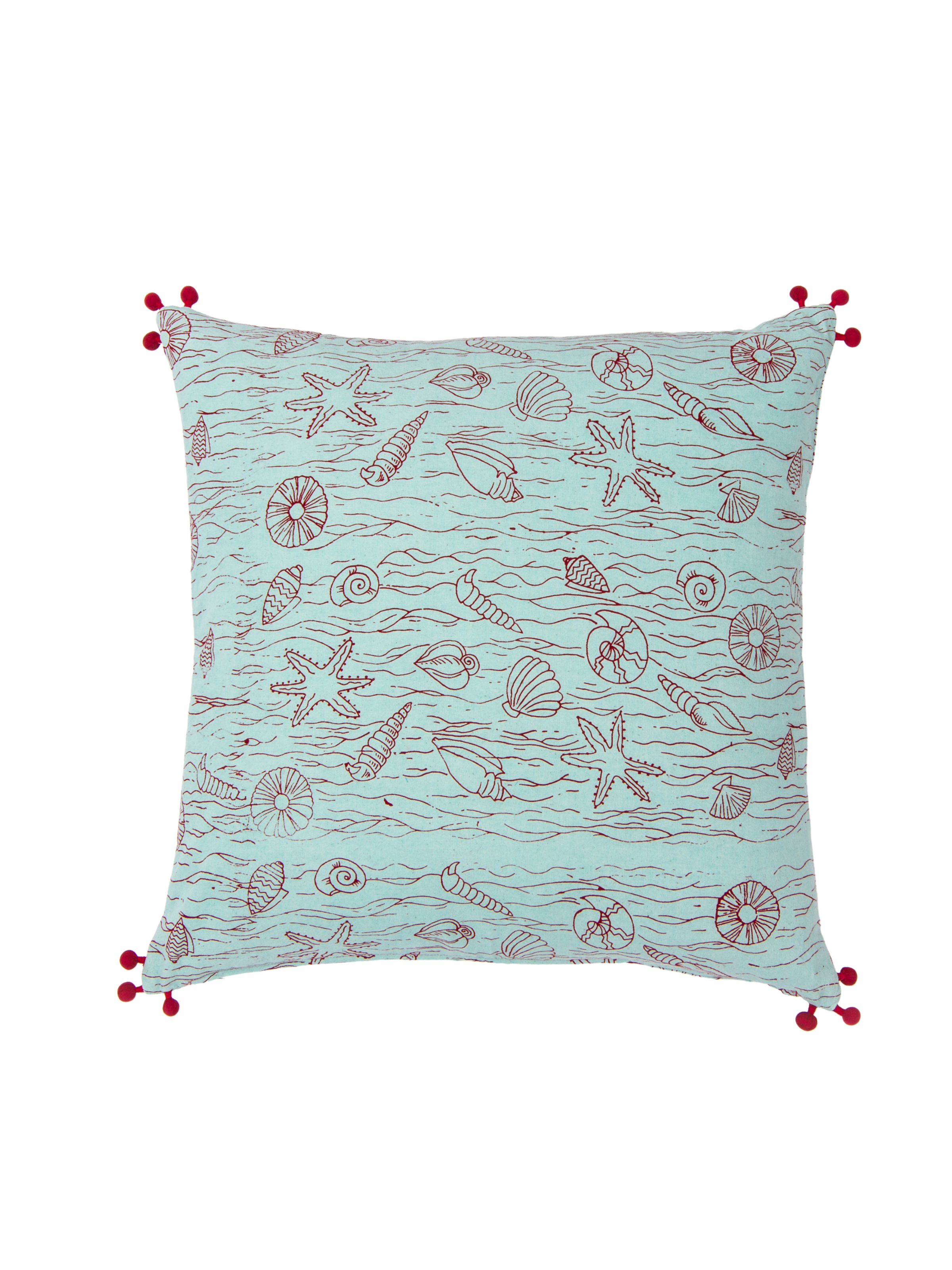 Seashell Aqua Pillow Cover With Pom-Poms